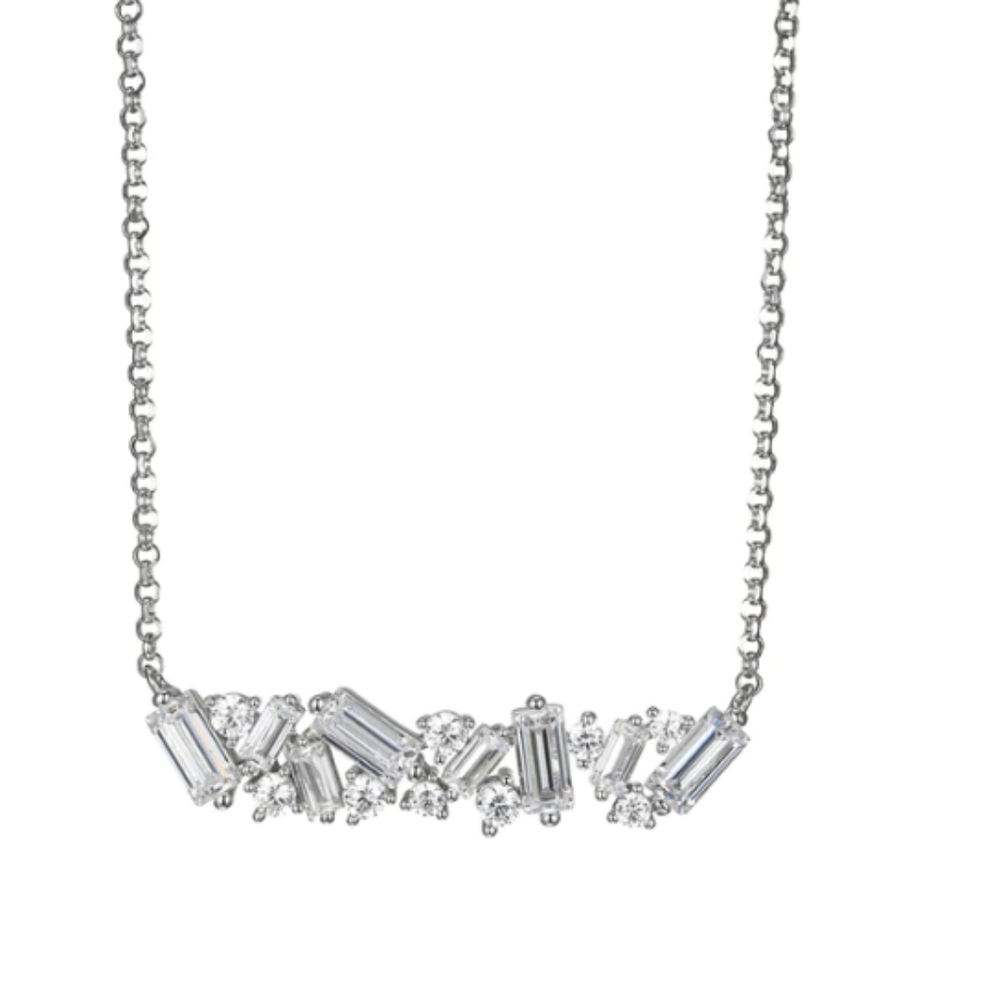 s925 Sterling Silver & Clear CZ cluster bar fixed pendant necklace, 16 in, NEW!